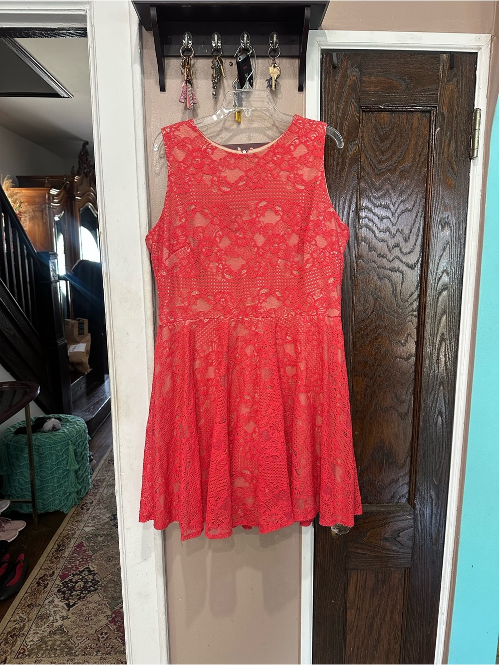 Danny & Nicole Coral Lace Fit & Flare Mini Dress